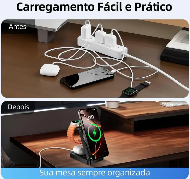 Carregador Sem Fio 3 em 1 Basike: O fim da bagunça de cabos no seu setup!
